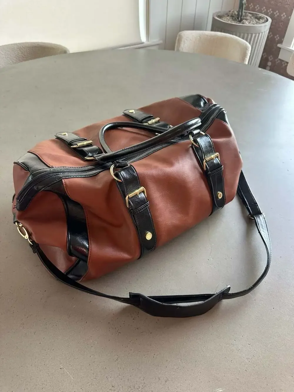 Steve Madden Two-Tone Brown and Black Faux Leather Weekender Duffel Bag